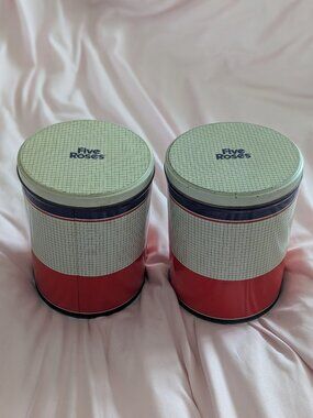 Five Roses Red White Grid Vintage Vulcan Flour Tins Set of 2